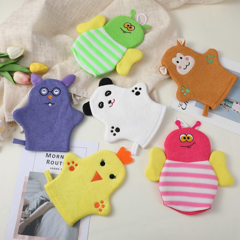 Sibba 6 Pcs Baby Bath Mitt Washcloths Gloves, Gentle Cute Exfoliating Wash Mitt Animal Pattern, Baby Mittens Bath Towel Glove Soft Scrub Toddler Wash Cloths Body Scrubber Bathing Loofah Infant Gloves