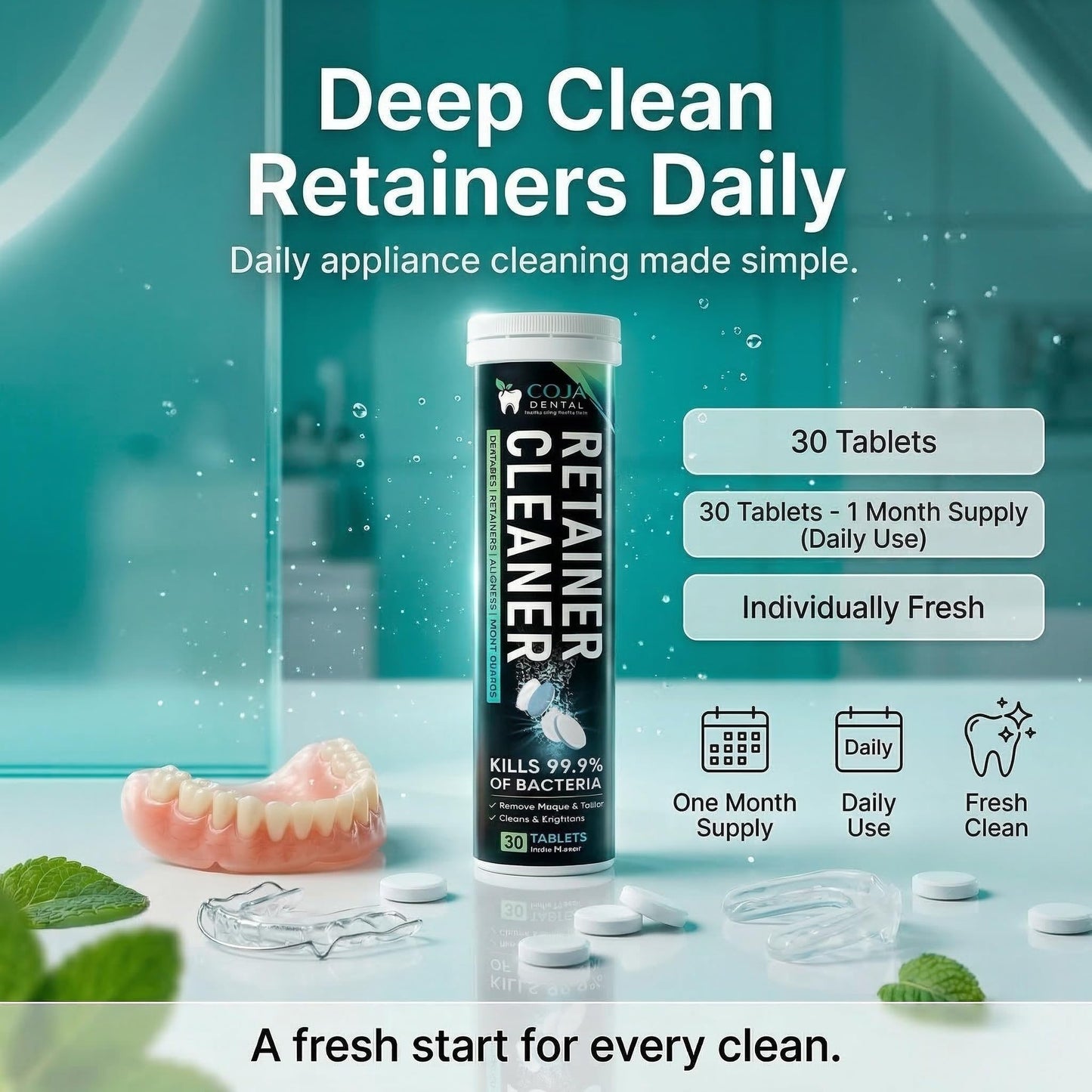 COJA Dental Retainer Cleaner Tablets 30 Count | Retainer Cleaning Tablets for Clear Aligners, Mouthguard & Night Guard | Aligner Cleaner | Dental Cleaner Tablets | Fresh Mint Flavor