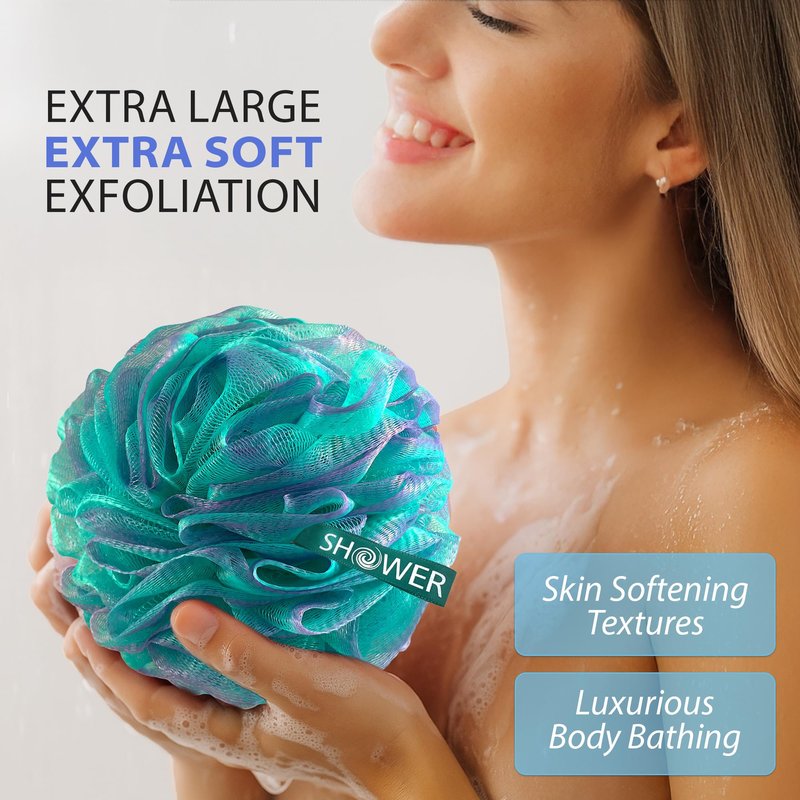 SHOWER BOUQUET Loofah-Bath-Sponge XL Swirl-Mix-Color 4-Pack // Extra-Large 75g Mesh Luffa Loofa Loufa Puff Pouf Set/Exfoliating Body Scrubber for Women and Men - Exfoliate & Soothe Face & Body