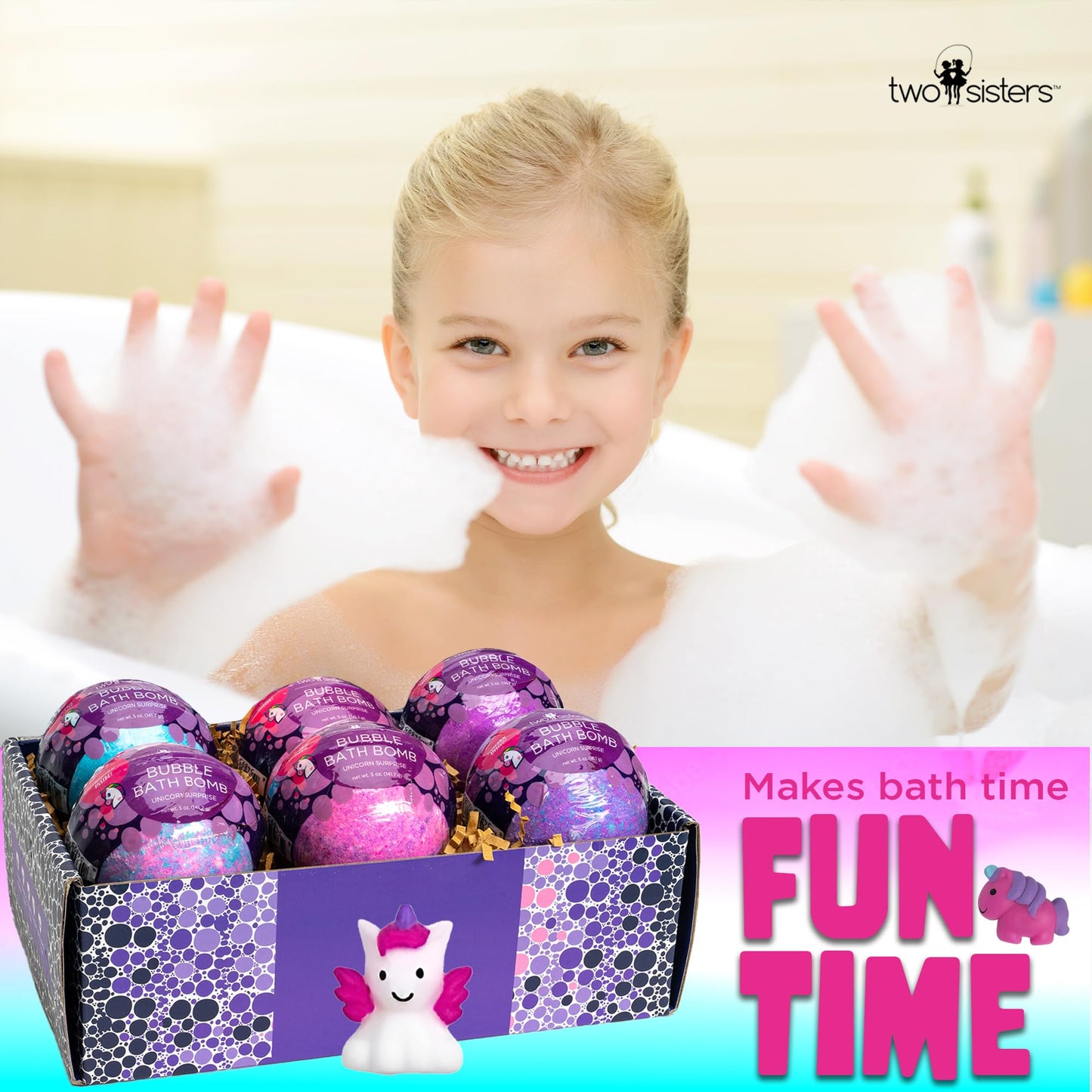 Unicorn Bath Bombs for Girls with Surprise Toys Inside (6 Pack) - Large Bubble Bomb for Kids, Gentle and Safe, Made in USA, Fizzies, Fruity Scents, Won't Stain Tub - Ideal Gift by Two Sisters