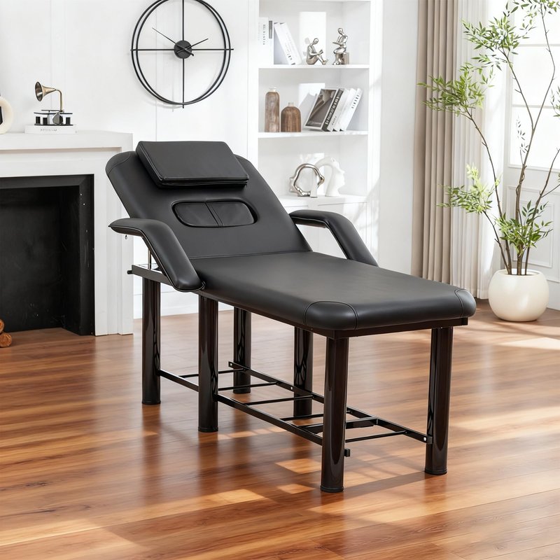 Professional Massage Treatment Bed 73.6 Inch with Handrail, Spa Facial Salon Bed with Removable Headrest & Chest Cushions, Stationary Physical Therapy Table with Adjustable Backrest, Steel Frame