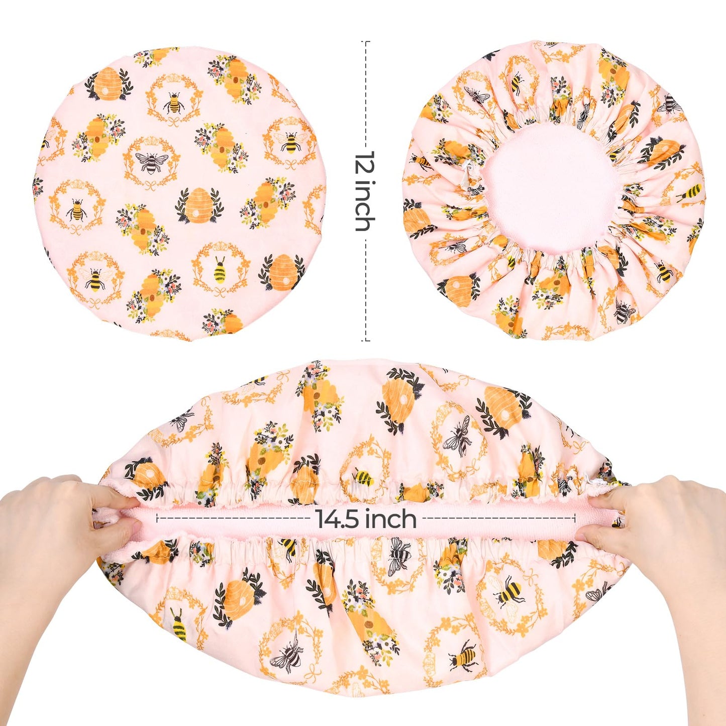 Shower Cap for Women Terry Lined Bee Bath Cap Large Reusable Waterproof Elastic Band Beekeeper Shower Caps for Long Thick Hair Soft Bath Shower Hair Caps