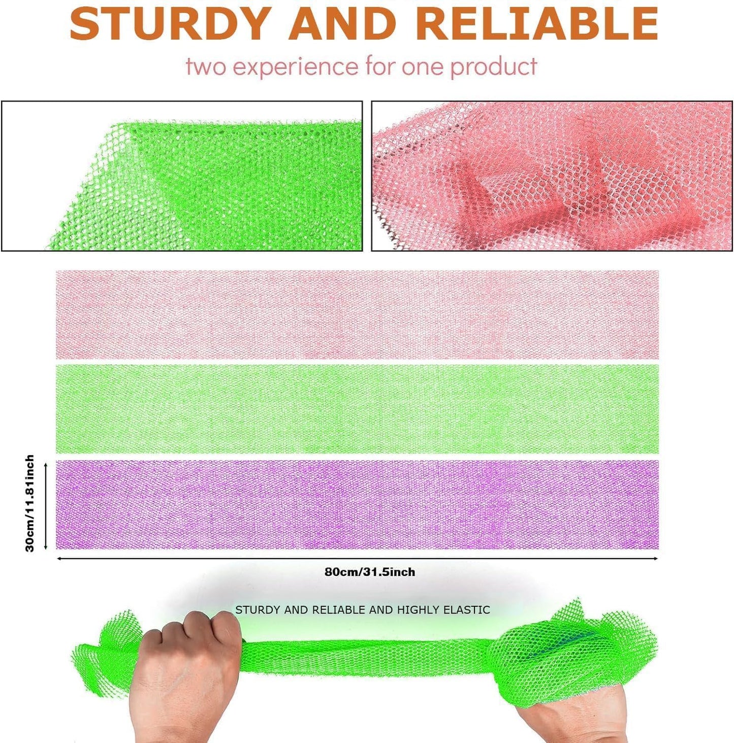 UJFQBH 3 Pieces African Bath Sponge African Net Long Net Bath Sponge Exfoliating Shower Body Scrubber Back Scrubber Skin Smoother,Great for Daily Use (Purple， Pink，Green)