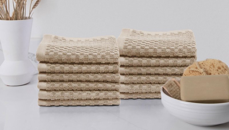 COTTON CRAFT Euro Spa Waffle Wash Cloth - Set of 12 Luxury Pure Ringspun Cotton Waffle Weave Bathroom Face Towel - Everyday Absorbent Hotel Gym Shower Beach Kitchen Travel Dorm - 12x12 inches - Linen