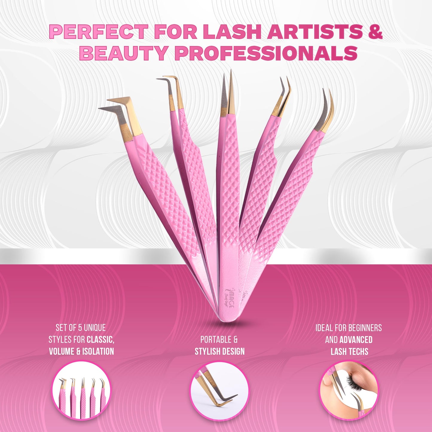 5 Pcs Fiber-Tip Japanese Steel Lash Tweezer Set with Leather Case, Professional Eyelash Tweezers for Lash Extensions – Titanium Coated, 90 & 45 Angled, Precision Pointed Tweezers (PINK)