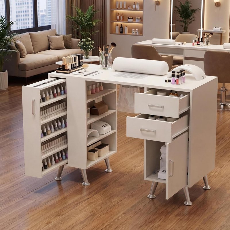 Professional Manicure Table Nail Desk Station with Dust Collector, 2 Drawers, Wrist Rest, Storage Cabinet, Vertical Pull-Out & 4 Shelves for Beauty Salon Spa Workstation