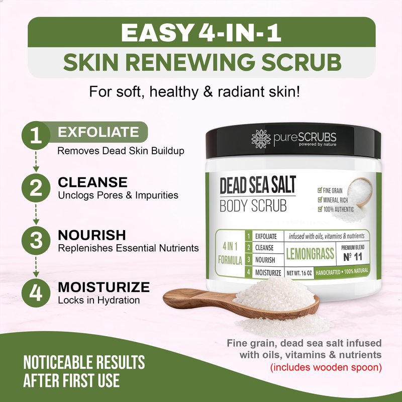 pureSCRUBS Premium Lemongrass Dead Sea Salt Body Exfoliator Scrub, Full Exfoliating Body Scrubber - Large 16oz Jar, Filled With Essential Oils, Includes Spoon, Loofah & Exfoliating Skin Soap