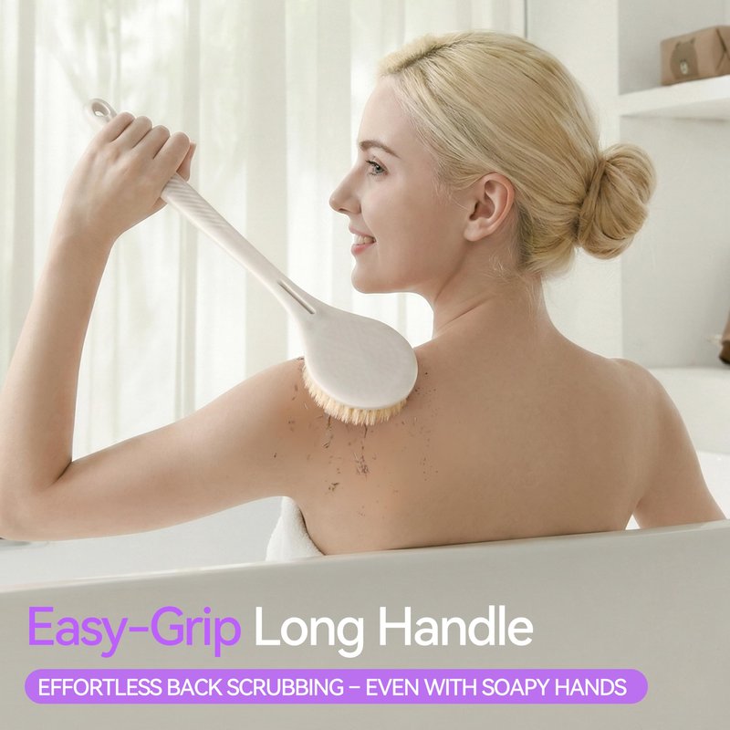 Back Scrubber for Shower for Women Men, Body Brush with Long Handle, Exfoliating Bath Washer with Soft Bristles, Body Exfoliator for Wet or Dry Brushing, Back Scrub Deep Cleaning, White