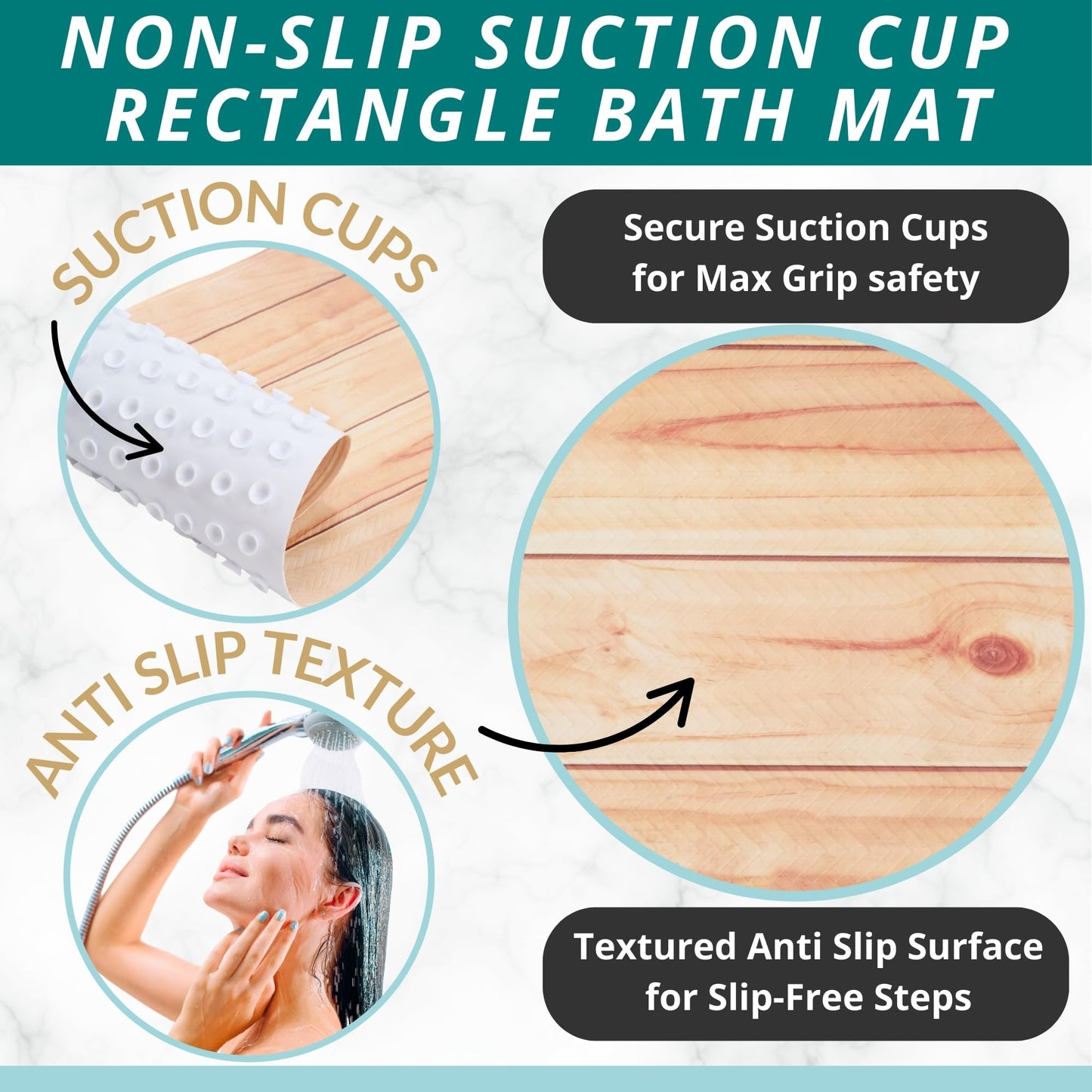 ENKOSI Bath Mat for Tub and Shower Floors - Non Slip Shower Mat – Anti Slip Bathtub Mat with Strong Suction Cup Grip – Soft, Wood Design Bathroom Mat for Inside Bath and Showers (28x16 Wood Teak)