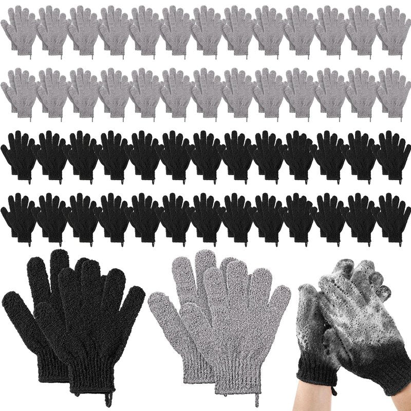 Didaey 104 Pcs Exfoliating Glove Bulk Shower Gloves with Hanging Loop Exfoliating Body Scrubber Dead Skin Remover for Body Bath Beauty Spa Massage Scrubs Men Women Bathing(Black,Grey)