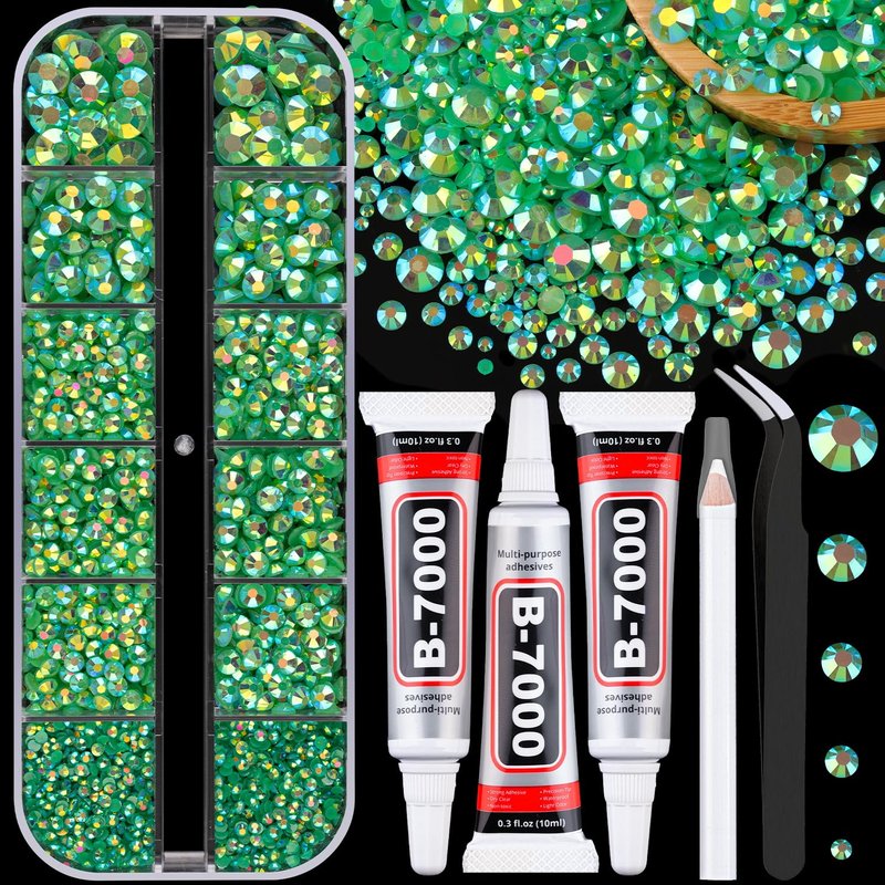 Resin Jelly Rhinestones - Dark Green AB Flatback Craft Gems | 1 Box with 3Pcs 10ml B7000 Glue for DIY Projects