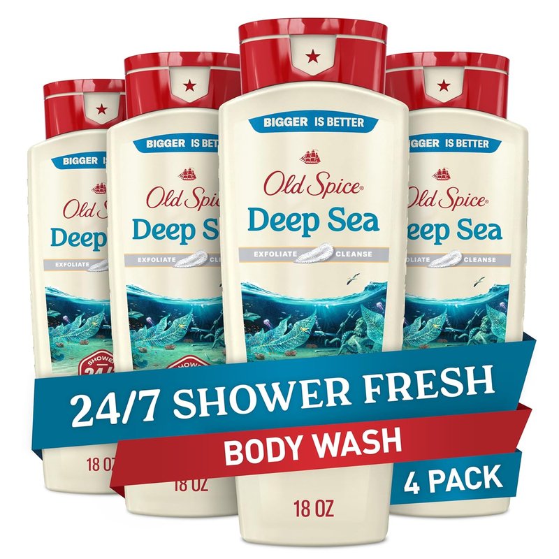 Old Spice Cleansing Body Wash for Men - 24/7 Fresh Scent, Exfoliating & Gentle Formula, Deep Sea & Kelp, 18 oz (Pack of 4)