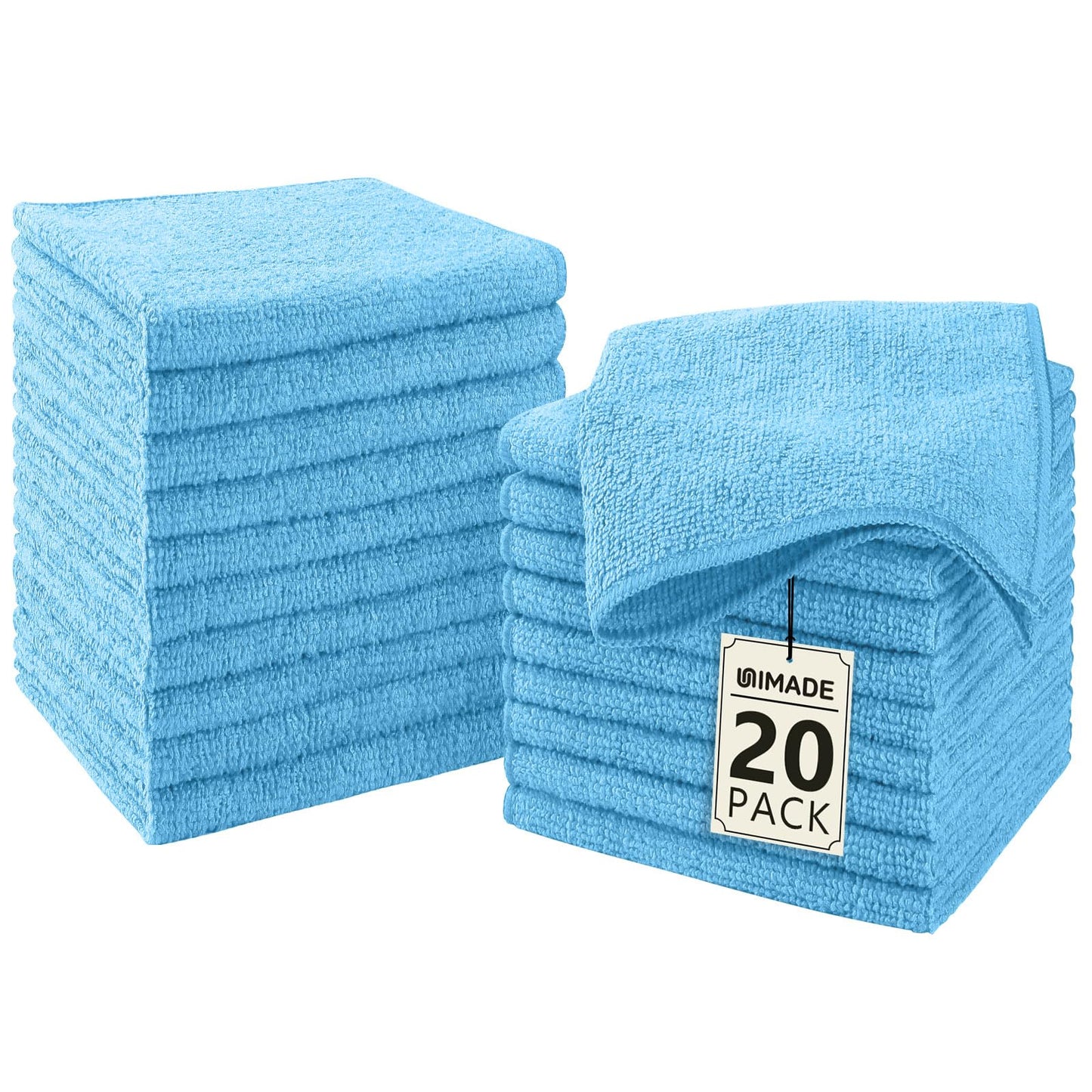 UNIMADE Washcloths - 20 Pack - Face Towels (12" x 12"), Highly Soft Wash Cloths and Hand Towels, Fast Drying Multi-Purpose Microfiber Cleansing Cloths for Bathroom, Hotel, Spa, and Salon - Blue