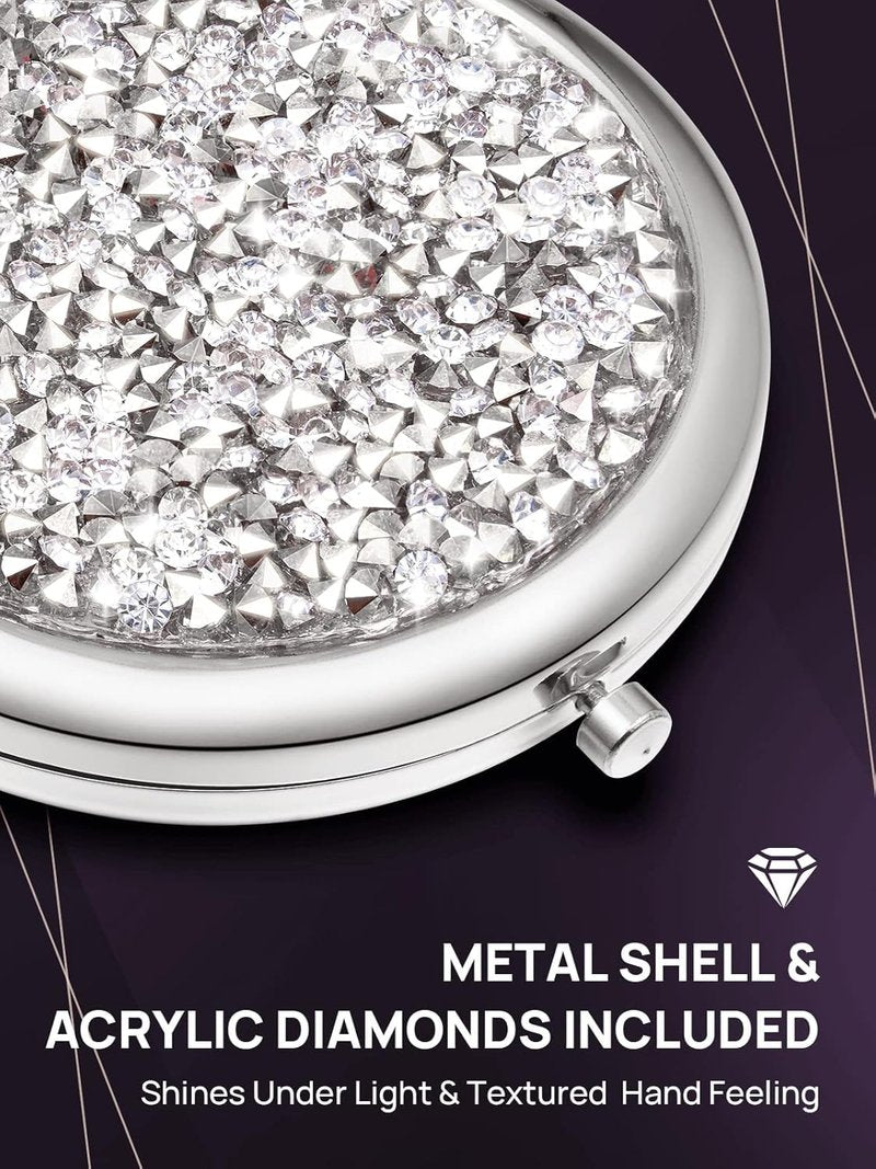 OMIRO 1X/10X Magnifying Compact Mirror,Gift for Women Small Unique Get Well Soon Gift for Her Girlfriend Wife Mom Best Friend Sister Coworker (Silver, Mixed Diamon)