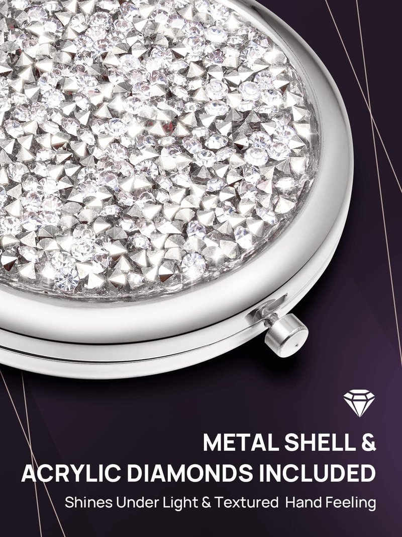 OMIRO 1X/10X Magnifying Compact Mirror,Gift for Women Small Unique Get Well Soon Gift for Her Girlfriend Wife Mom Best Friend Sister Coworker (Silver, Mixed Diamon)