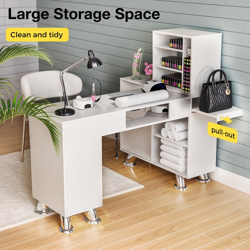 Manicure Table Nail Station w/Dust Collector - L-Shaped Nail Tech Table with Shelves, Storage Cabinets, Drawers, Metal Handles & Legs, Salon Wrist Rest, Beauty Salon Workstation Decor (White)