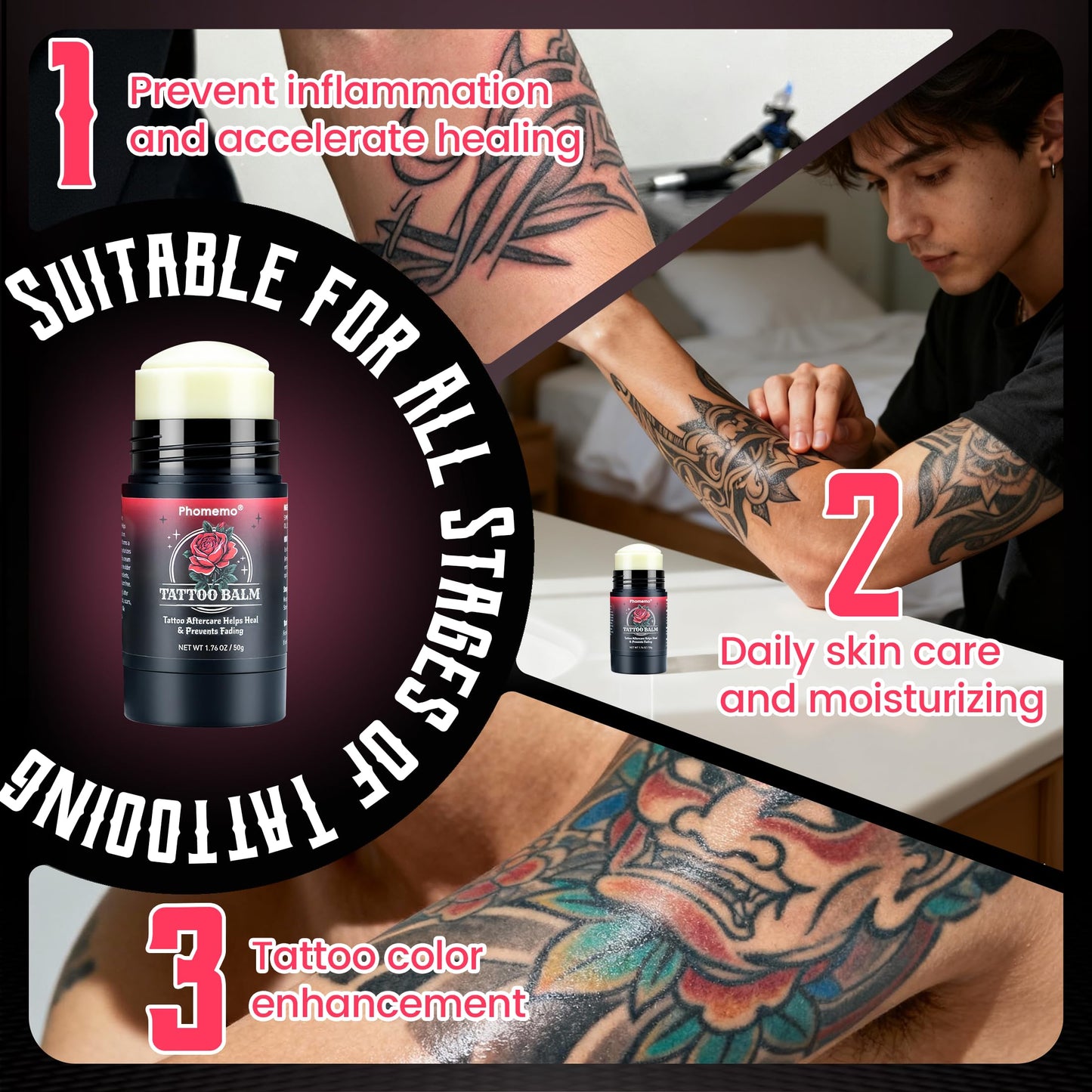 Phomemo Tattoo Aftercare Balm, 1.76oz Tattoo Balm Butter for New & Old Tattoos Healing, Moisturizing, Brightening, 100% Natural & Petroleum-Free Tattoo Cream