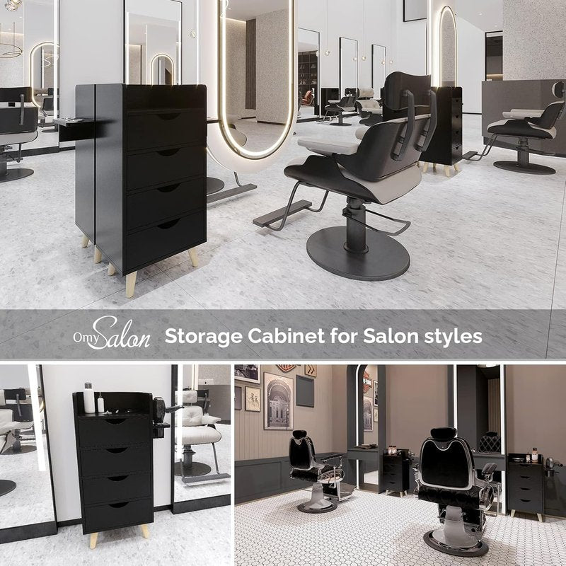 OmySalon 4-Layer Salon Storage Cabinet | Beauty Styling Station Organizer with 2 Hair Dryer Holders & 4 Drawers - Black