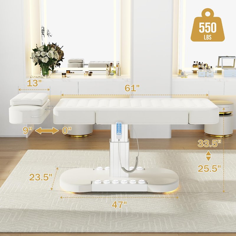 Professional Electric Spa Table/Chair with LED Light, 3 Motor Height Adjustment, Backrest, Leg Support Angle Adjustable for Massage, Facial, Medical, Tattoo, Waxing, Beauty Salon and More - White
