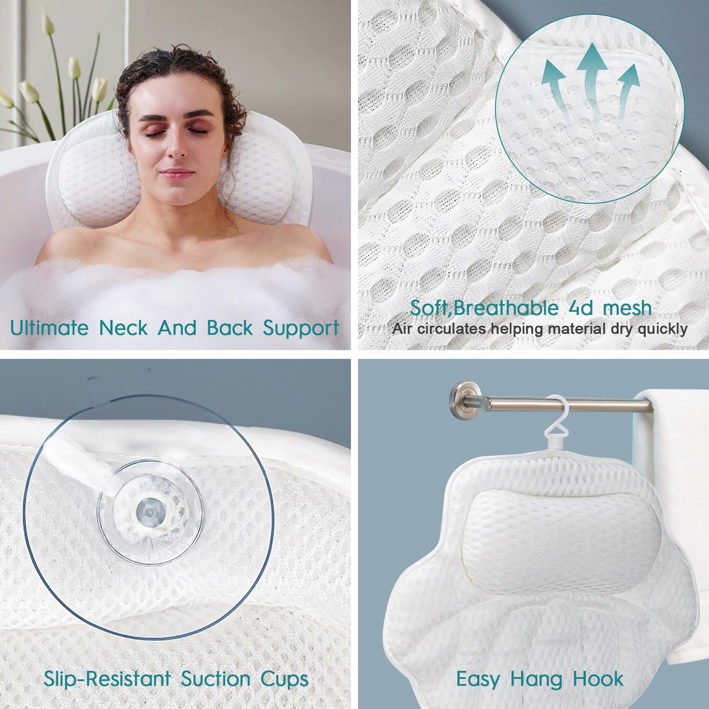 Bath Pillow for Tub, Bathtub Pillow for Head, Neck and Back Support, 4D Air Mesh Spa Bath Pillow with 6 Suction Cups, Machine Washable with Laundry Bag
