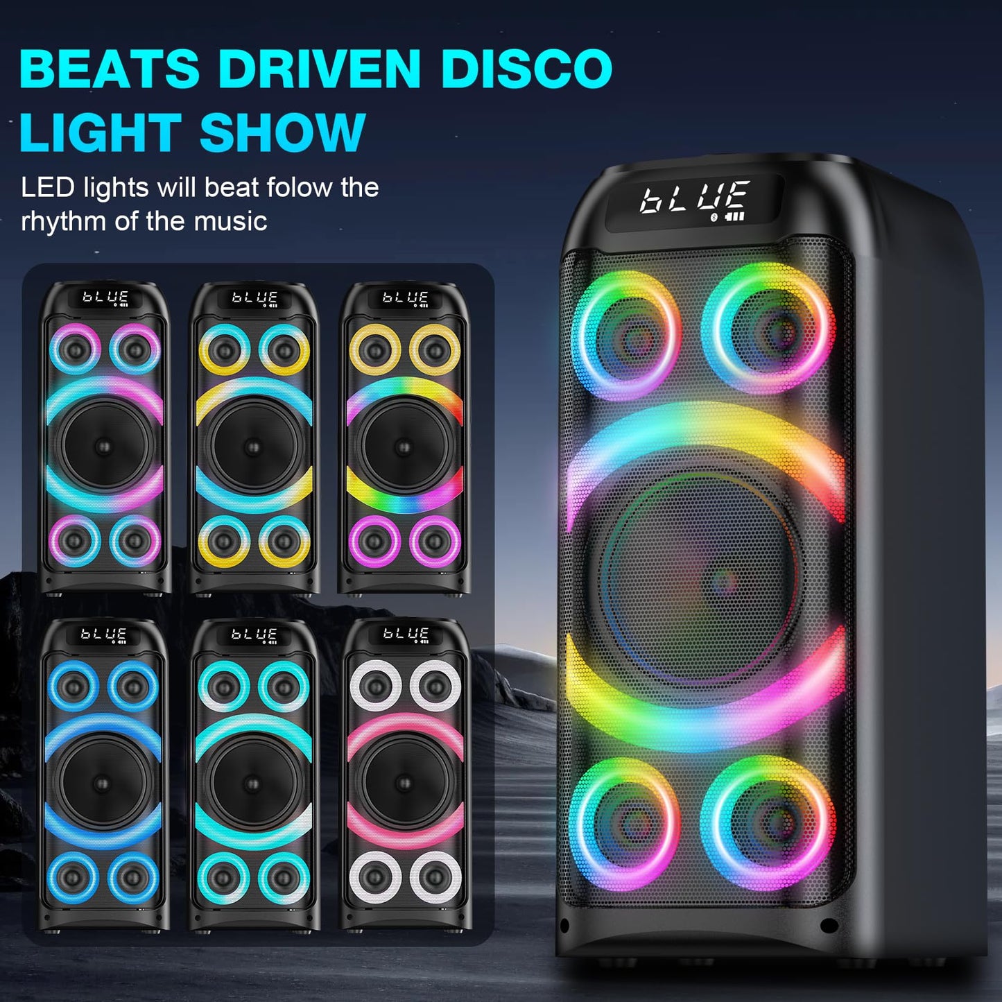 BOHINI Bluetooth Speaker, 160W Peak Powerful Loud Stereo Sound Deep Bass Wireless Boombox Portable Large Party Speakers with Subwoofer TWS Pairing Dynamic LED Light for Outdoor Camping Backyard Events