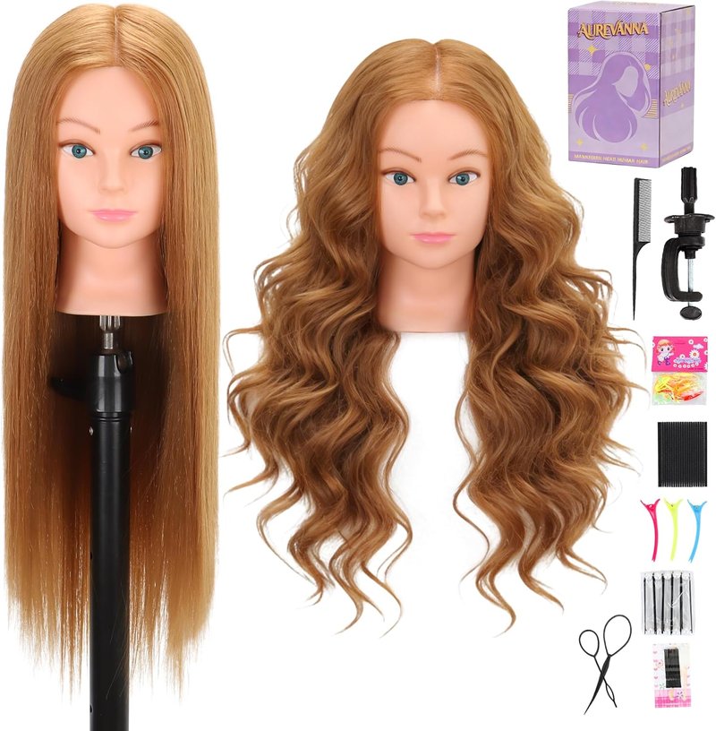 Skiennix Mannequin Head - 80% Real Hair for Cosmetology Training | 26-28" Light Brown with Clamp Holder