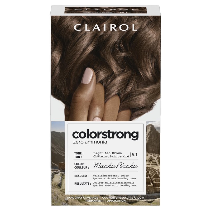 Clairol ColorStrong Permanent Hair Dye, Ammonia‑Free, PPD‑Free, 100% Gray Coverage with Bonding System, 6.1 Light Ash Brown - Machu Picchu Hair Color, Pack of 1