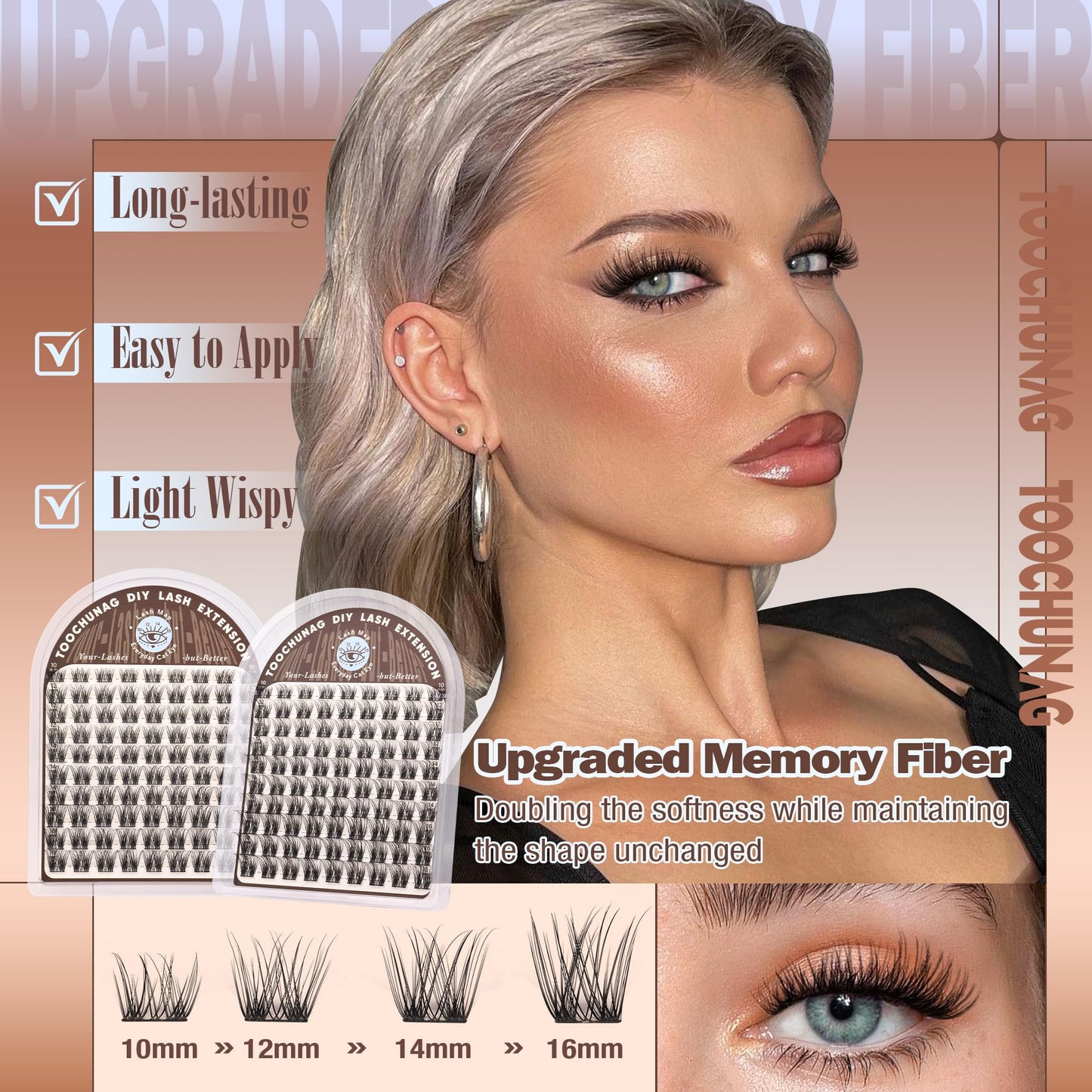 TOOCHUNAG Natural Lash Clusters Wispy Eyelash Clusters D Curly Volume Individual Lashes 10-16MM Cluster Eyelash Extensions DIY Lash Extension Thin Band Soft False Lashes Clusters
