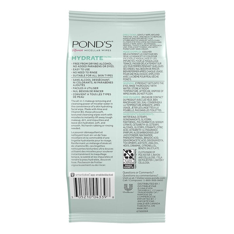 Pond's Vitamin Micellar Wipes - Hydrating Aloe Vera for Dry Skin | 25 Wipes (Pack of 2)