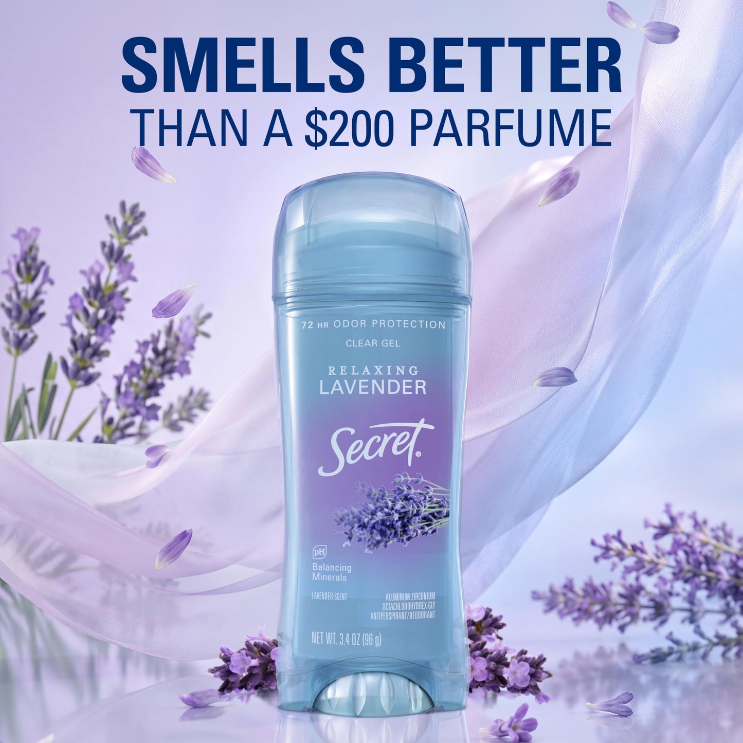 Secret Fresh Antiperspirant Deodorant for Women, 72hr Breathable Sweat & Odor Protection, Instant Freshness & Gentle, PH Balancing Minerals, Clear Gel, Relaxing Lavender Scent, 3.4 oz