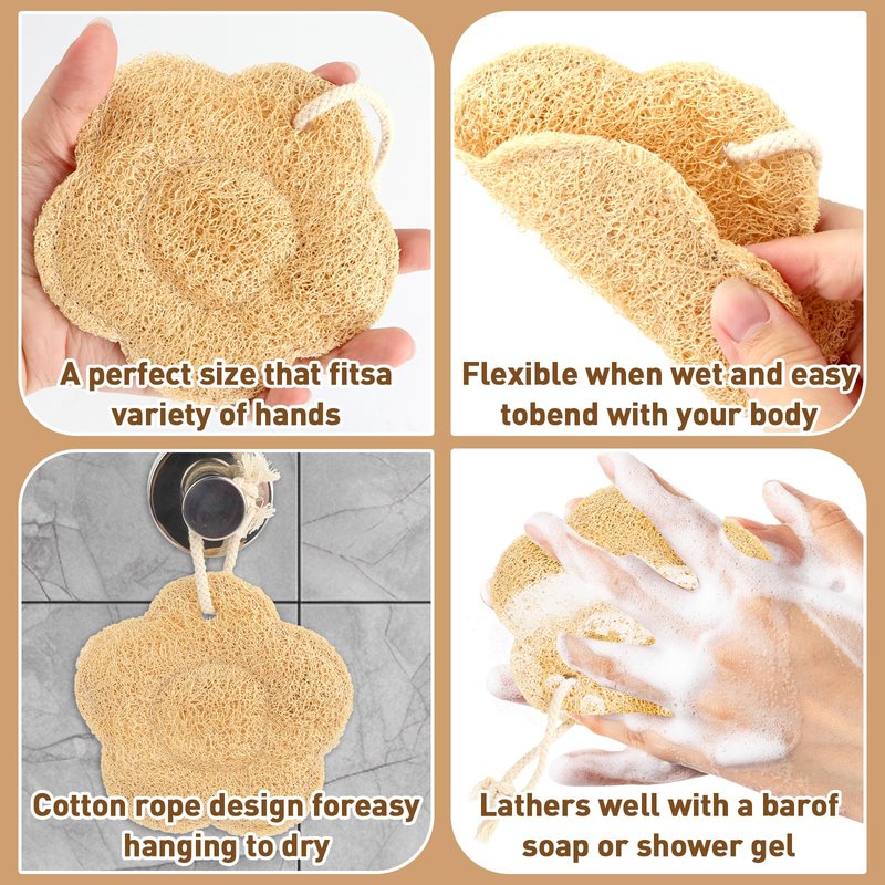 3 Pcs Natural Loofah Sponge Exfoliating Body Scrubber, Plant-Based Shower Luffa Pads with Cloth Backing, Large Bath Sponge for Men and Women