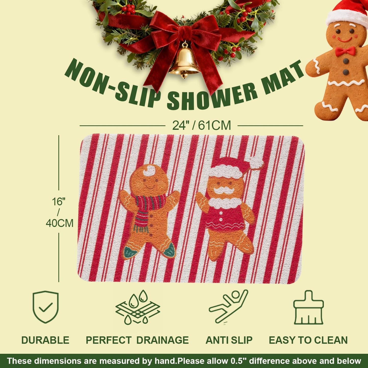 Hargiis Christmas Non-Slip Bathtub Mat, Anti Slip Shower Mat, Fast Drying Bathtub Mats, Foot Scrubber Mat for Tub, Floor, Bathroom, Kitchen, Home, Hotel (Gingerbread Santa, 40"x16")