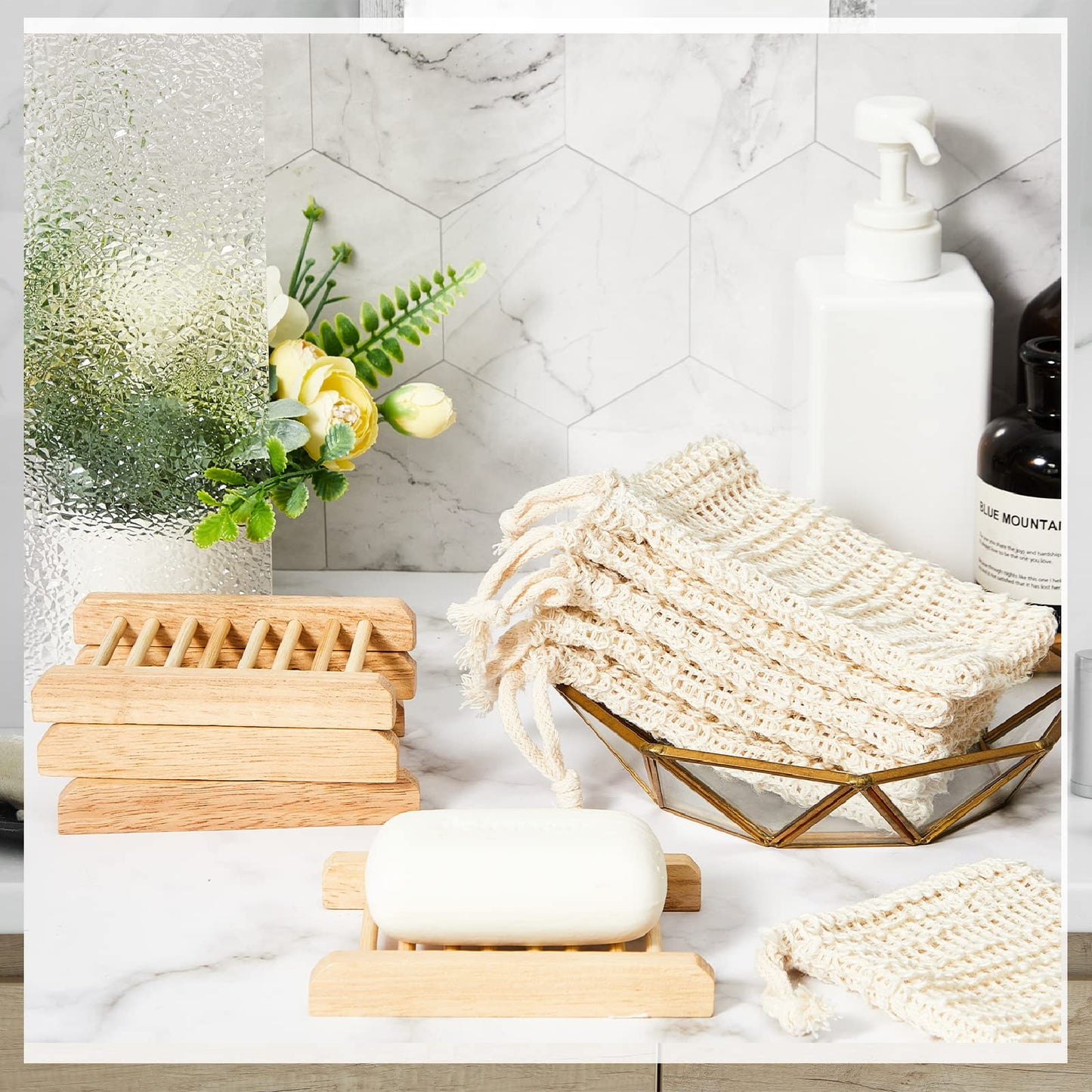 Rtteri 60 Pcs Soap Saver Bags & Bamboo Soap Holder Set Exfoliating Sisal Soaps Washing Bags Self Draining Wooden Bar Soaps Dish for Shower Bath Toilet Kitchen Restaurant