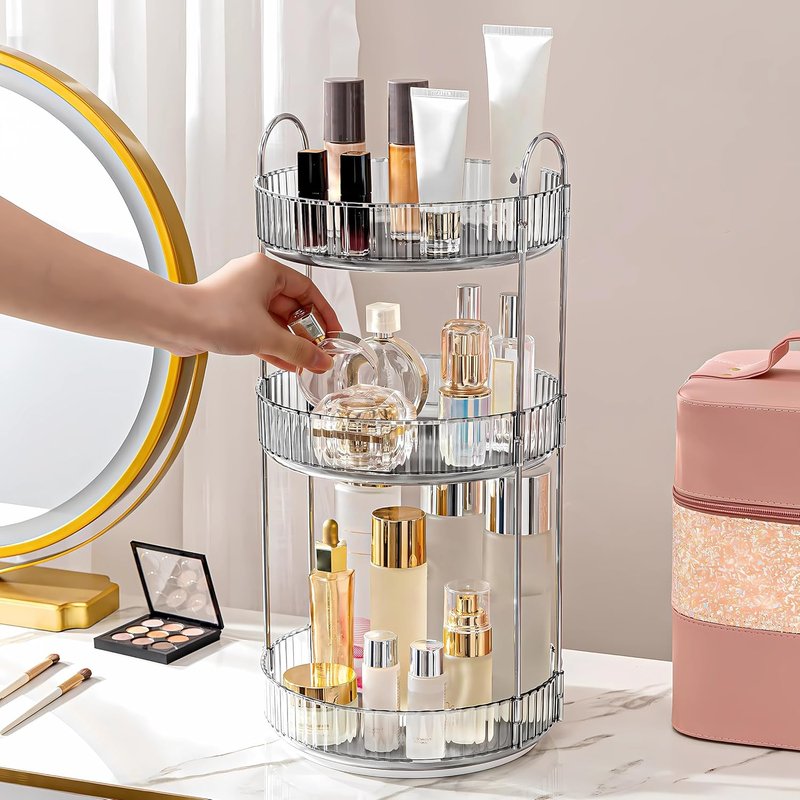 Skiennix 360 Rotating Makeup Organizer - High-Capacity Vanity & Bathroom Storage | 3-Tier Grey Rack