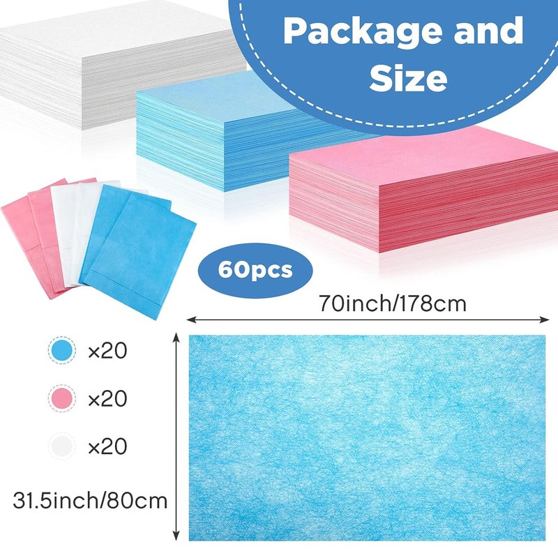 Disposable Bed Sheets - 60 Pcs Waterproof Massage Table Covers | Breathable Non-Woven Fabric, 31" x 70" (Pink, Blue, White)