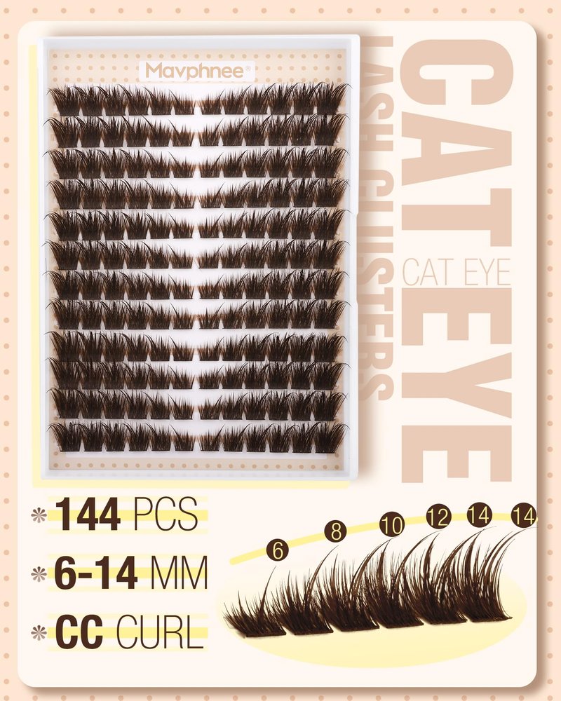 Brown Lash Clusters Pre-Mapped Eyelash Clusters Cat Eye Cluster Eyelash Extensions Fairy Wispy Cluster Lashes CC Curly Wet Look Individual Lashes Extensions 144Pcs 6-14MM Fox Eye Lashes Clusters