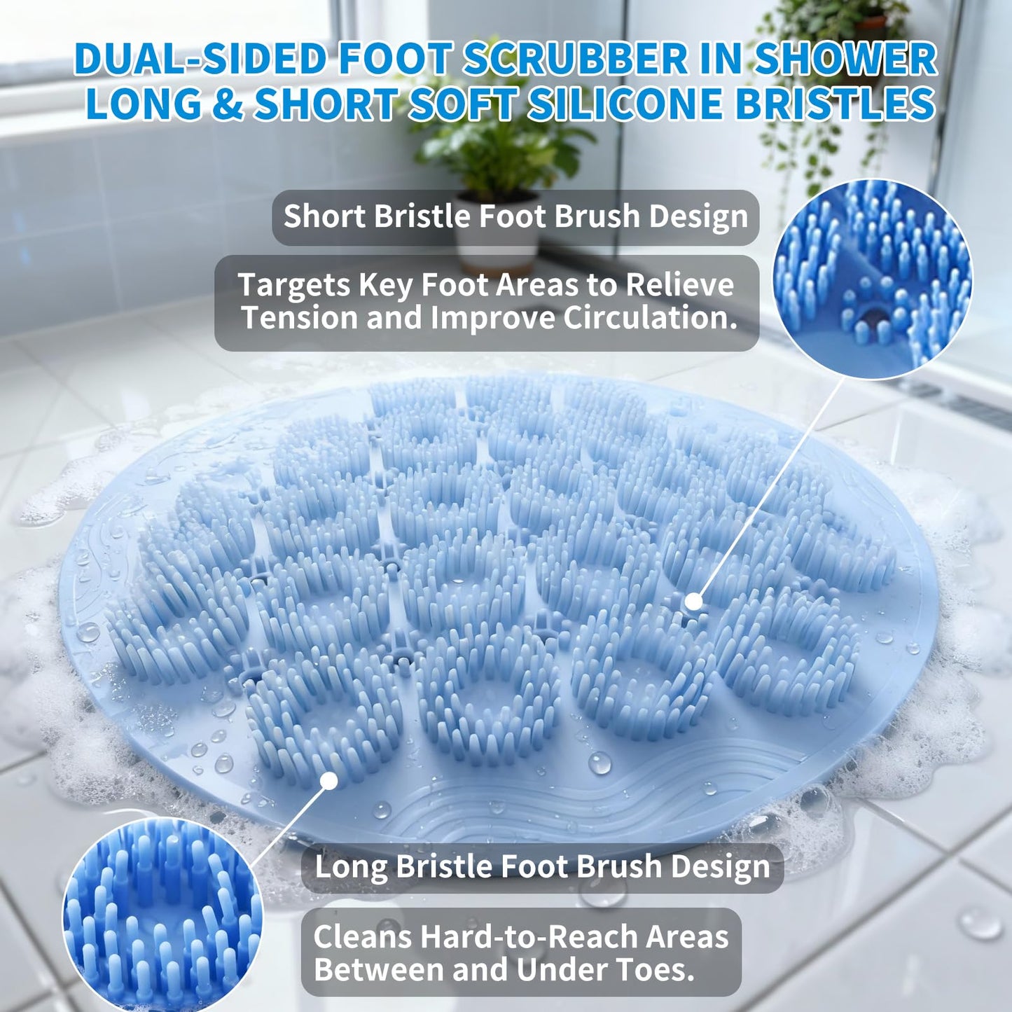 Merleu Shower Foot Scrubber Mat & Silicone Back Scrubber with Soft Silicone Bristles,Quick Drying Foot Scrubber in Shower,Deep-Cleaning Wall Mounted Back Scrubber Bath (Blue)