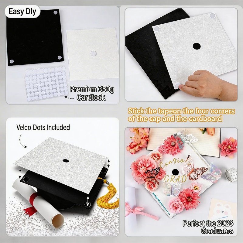 Graduation Cap Topper Base Kit 2026-350g Ultra-Thick Glitter Cardstock with Gold Letter Stickers - Pre-Cut Mortarboard Insert for DIY Decoration & Keepsake Frame