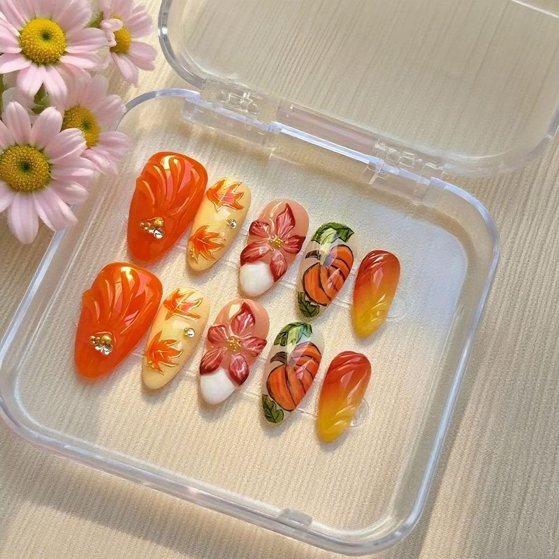 30pcs Fall Press on Nails Maple Leaf Fake Nail with 3D Floral & Leaves Pumpkin Art Medium Autumn Nails Handmade Thanksgiving Nail Art for Holiday Nails Decoration for Women