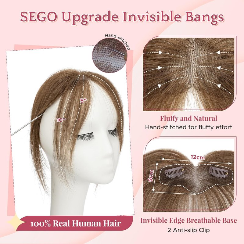 Clip-In Side Bangs Real Human Hair - Hand-Tied, Invisible Edges, Breathable Fluffy Hair Pieces | Medium Brown