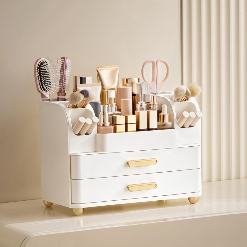 Makeup Organizer for Vanity - Large Cosmetic Storage with Brush Holder | All White, Perfect for Lipsticks & Skincare
