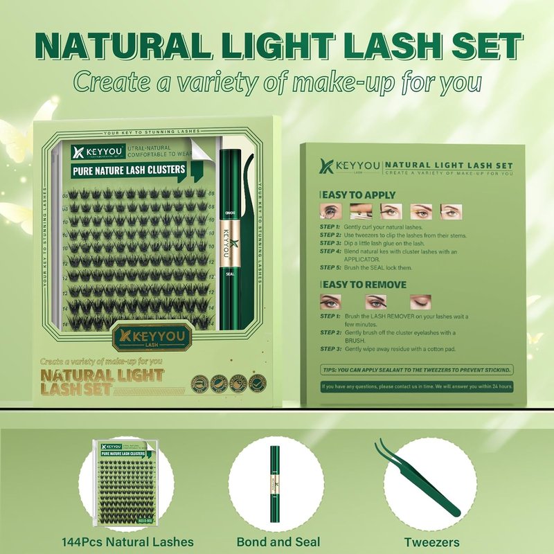 Natural Lash Clusters Kit - 144Pcs DIY Eyelash Extensions with D Curl 8-16mm, Bond & Tweezers Included
