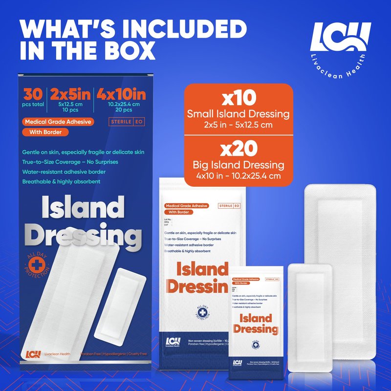 30CT Island Dressing, 2 Sizes 2"x5" & 4"x10" | Bordered Gauze With Adhesive Border | Hypoallergenic Adhesive Gauze Pads | Sterile Wound Dressings | Large Wound Bandages for Surgical Wounds & Catheters