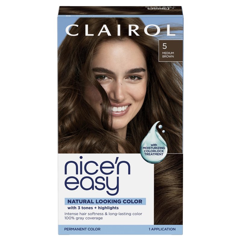 Clairol Nice'n Easy Permanent Hair Dye, 5 Medium Brown | 100% Gray Coverage | Long‑Lasting, Natural‑Looking Color & Shine | Pack of 1