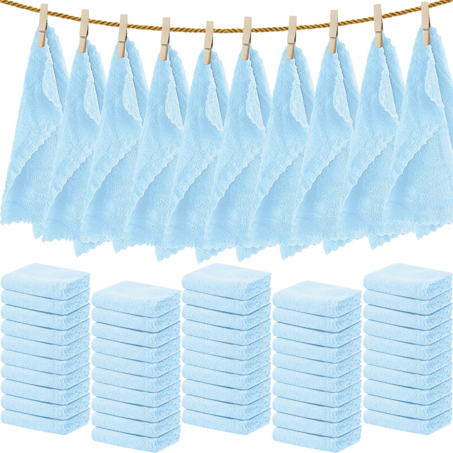 Newwiee 100 Pack Washcloths Bulk, Ultra Soft Wash Cloths 12 x 12 Inch Quick Dry Absorbent Microfiber Face Towel,Reusable Facial Fingertip Cloth for Spa Baby Shower & Craft(Light Blue)