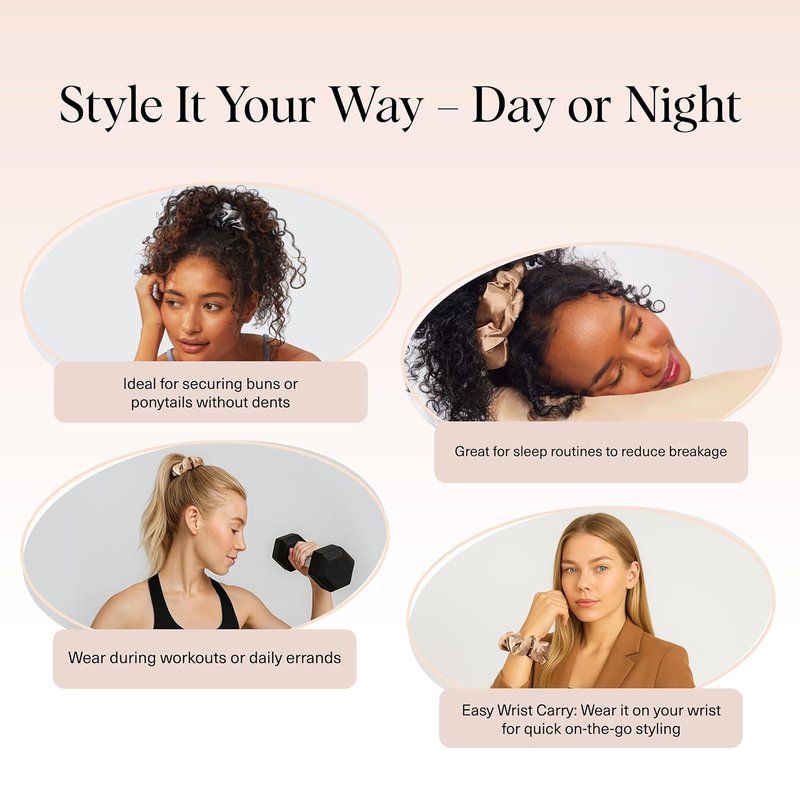 Satin Scrunchies for Women - No Crease, Frizz Control | Softer Than Silk Hair Accessories - Charcoal & Gold, 2pcs