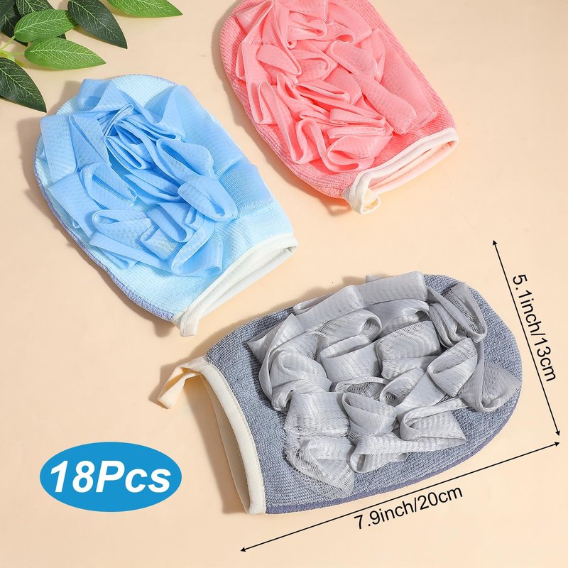 Oqqlin 18 Pcs Travel Bath Loofah, Terry Cloth Exfoliating Shower Loofah Portable Body Sponge Brushes with Elastic Strap for Women and Men (Gray, Blue, Pink)