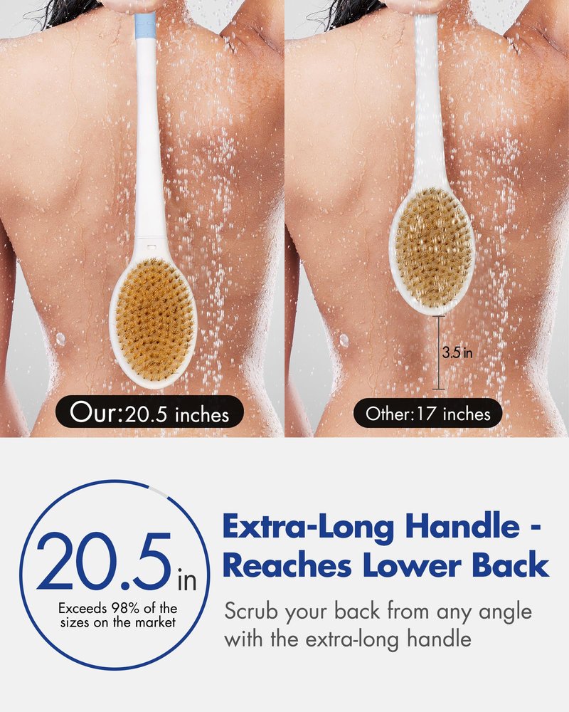 Back Scrubber Body Shower Brush: 20.5‘’ Extra Long Anti Slip Handle Bath Brush with Stiff and Soft Bristles - Showering Exfoliator Wet or Dry Brushing for Women, Men, Elderly (Blue)