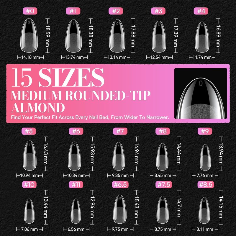 Makartt Almond Nail Tips - 504 PCS Pre-Etched Clear False Nails in 15 Sizes for Salon & DIY Use
