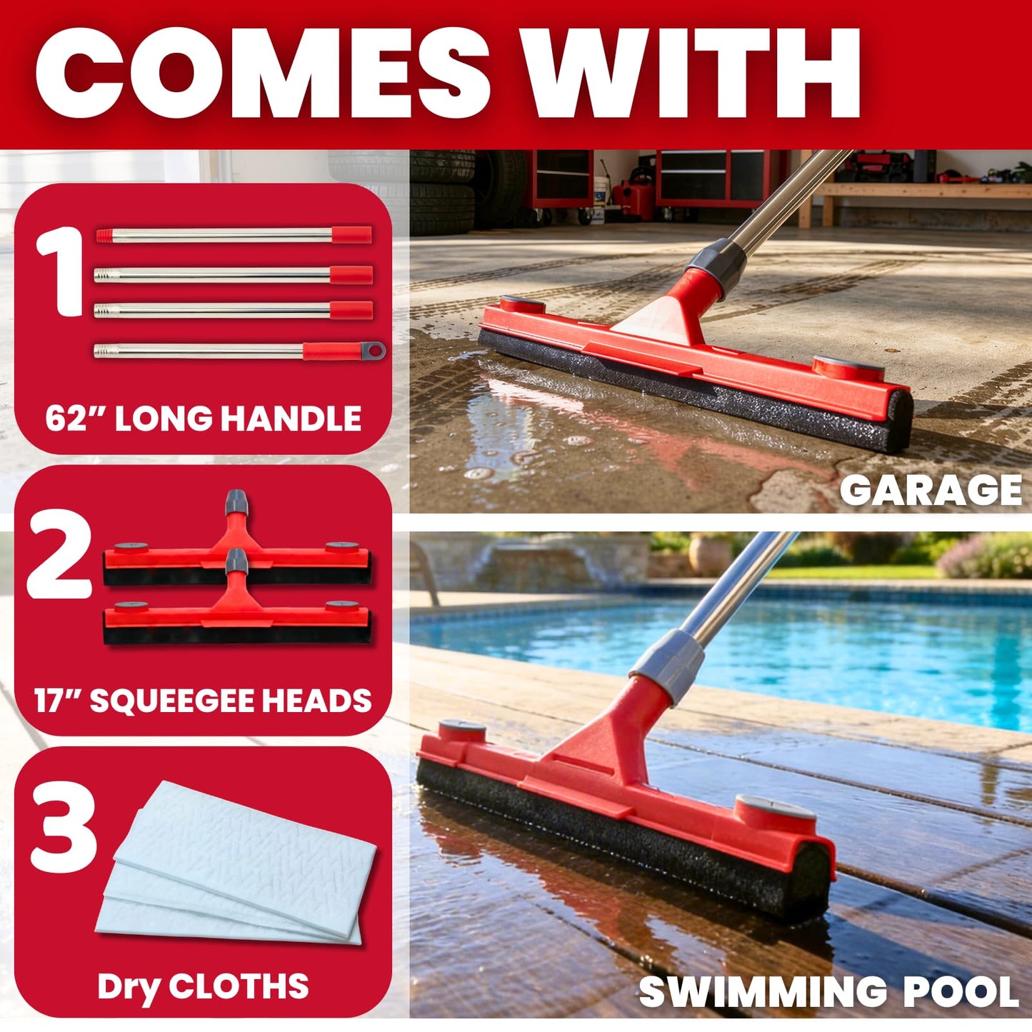 Floor Squeegee with 2 Replaceable Heads – 17'' EVA Foam Blade for Uneven Surfaces, 62'' Long Handle, Built-in Towel Clip, Non-Scratch Heavy Duty Squeegee Broom for Garage, Window, Tile, Patio & Shower